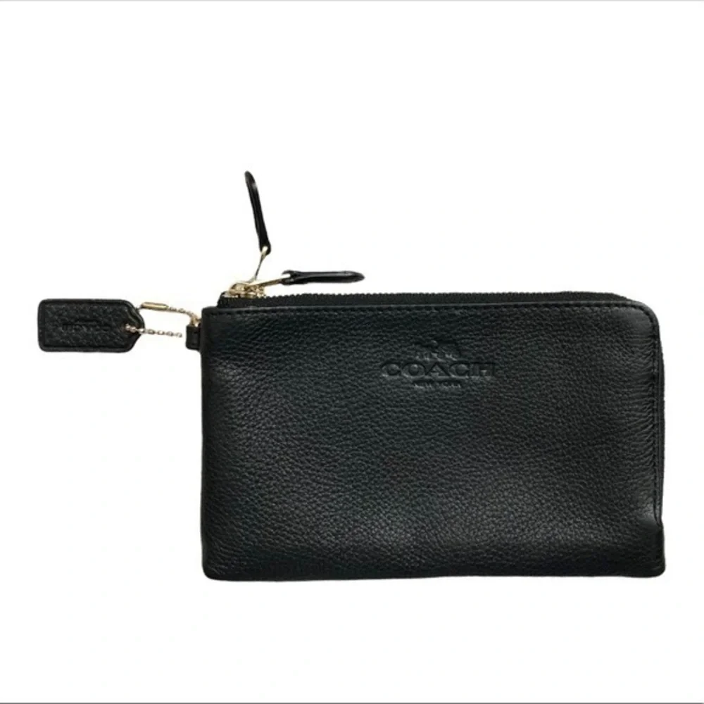 Coach black leather double zipper pouch clutch